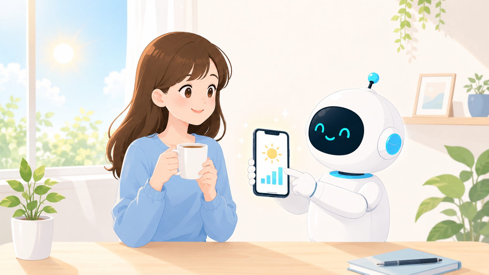朝日の差す部屋で、ロボットが朝のレポート通知が光るスマホを女性に見せているイラスト