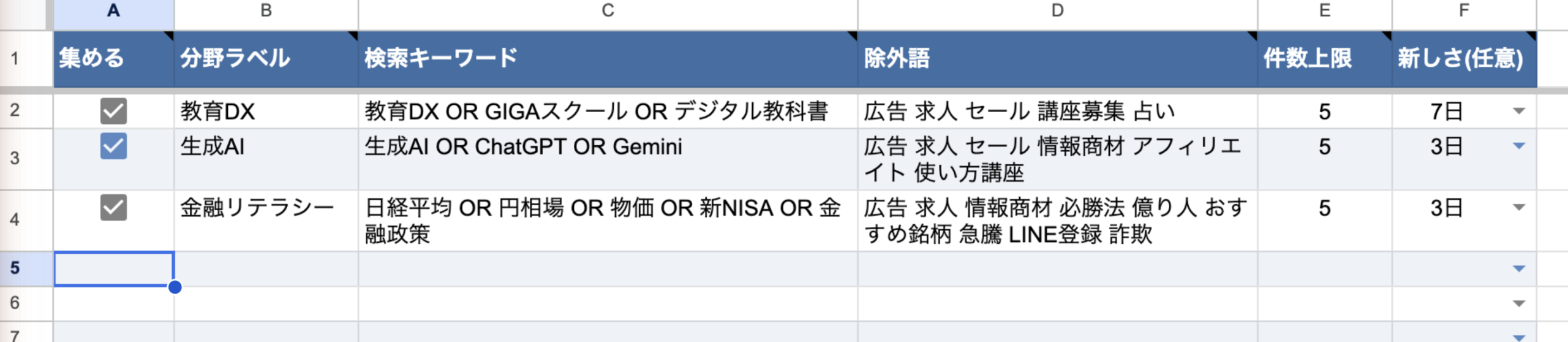 リサーチ秘書の設定シート(1行=1分野・教育DX/生成AI/金融)