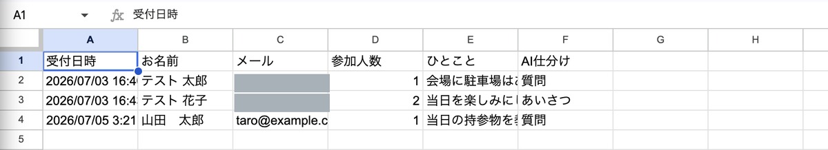 シート申込一覧のAI仕分け列に質問あいさつ質問の3行が並ぶ
