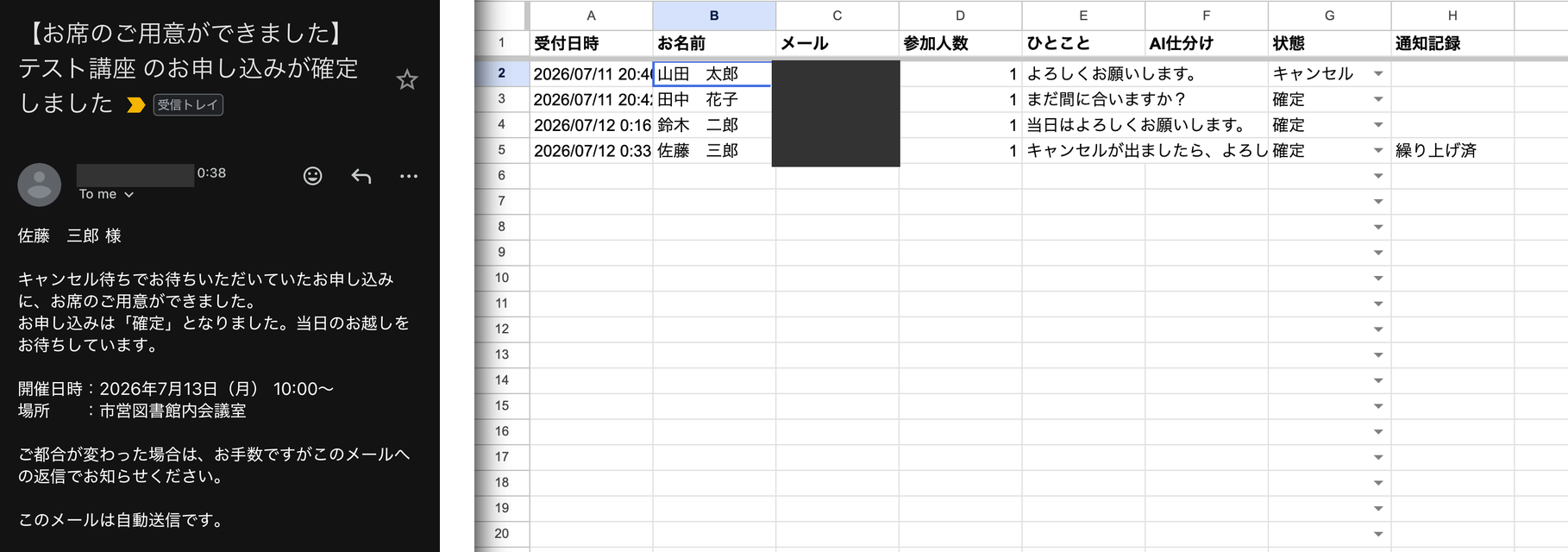 左=繰り上げメール【お席のご用意ができました】、右=申込一覧(山田=キャンセル・佐藤=確定・通知記録に繰り上げ済)