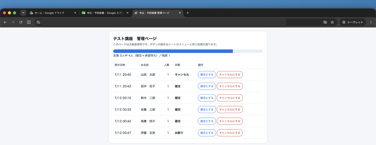 管理ページ。主催者専用の注記・残席メーター・申込一覧の表と各行の確定/キャンセルボタン