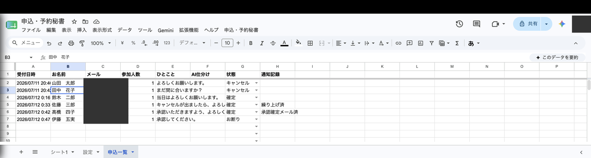 スプレッドシートの申込一覧。管理ページの操作が状態列に同期している